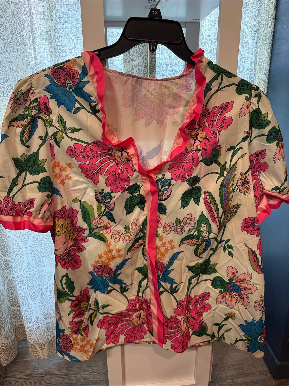 SHEIN White Floral Short Sleeve Chemise Top with Pink & Blue Accents